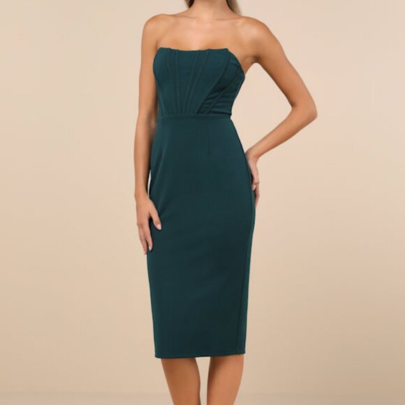 Lulus Gorgeously Sultry Emerald Green Bustier Strapless Midi Dress - Size XS - Picture 1 of 1